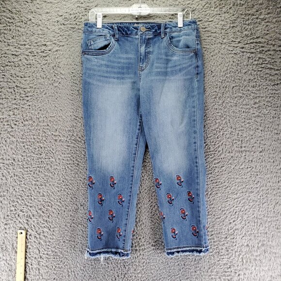 Democracy Jeans Womens 6 Blue Floral Embroidered Stretch Denim Frayed Hem - Picture 1 of 10